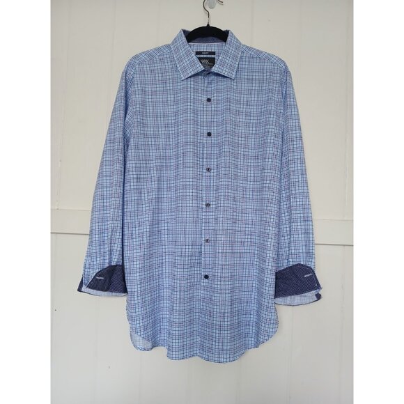 WRK Work Rest Karma 4 Way Stretch Button Shirt Mens 17 Blue Pink Check Flip Cuff - Picture 1 of 12